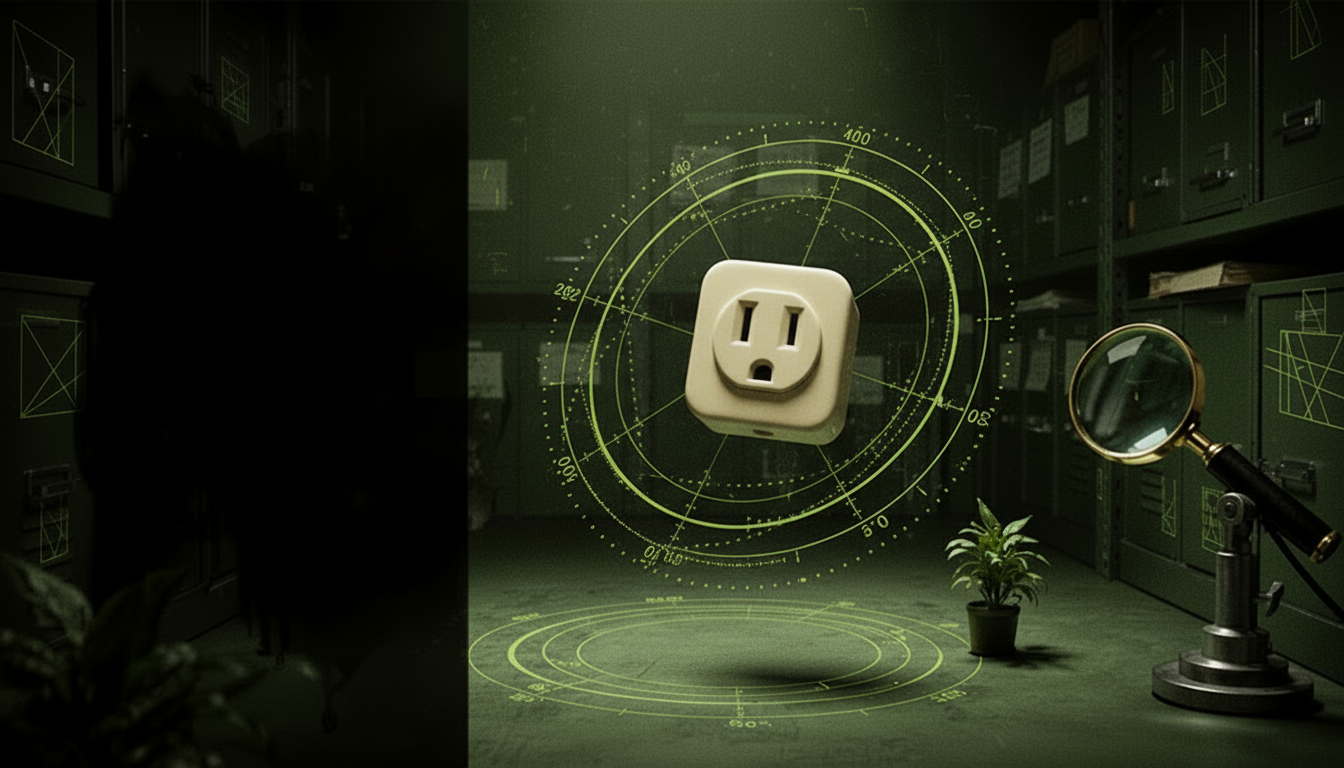 A fictional optical scanner examining a surprised electrical outlet in an archival laboratory