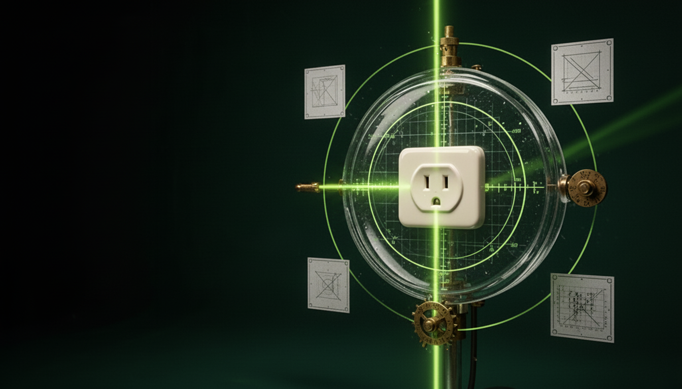 Imaginary laboratory instrument scanning a surprised-looking wall outlet