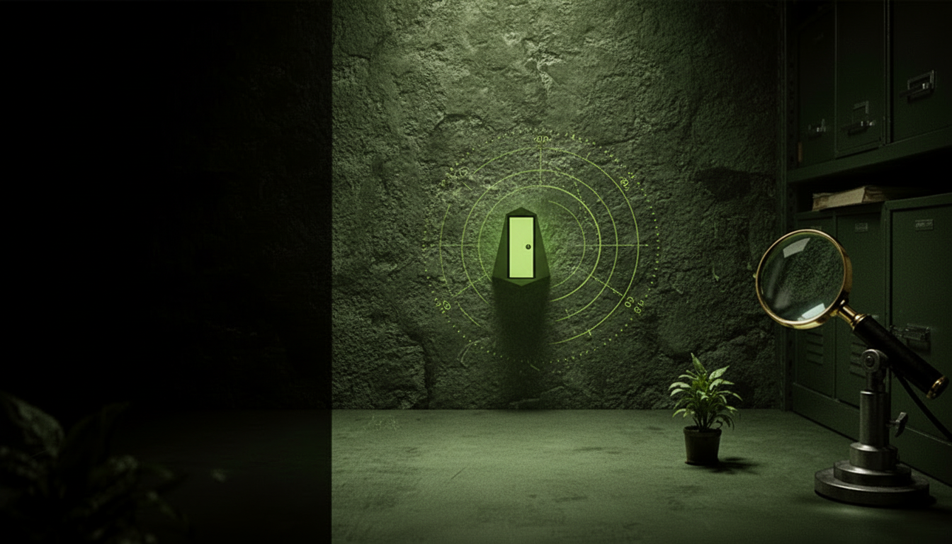 A tiny chartreuse doorway in an imagined secret archive wall