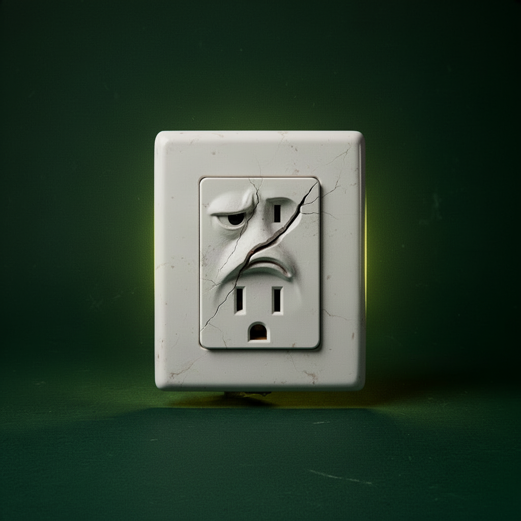 Editorial illustration of a displeased-looking wall outlet in a classified specimen display