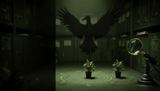 A theatrical bird-shaped shadow projected by a tiny houseplant in a fictional evidence room