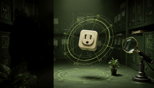 A fictional optical scanner examining a surprised electrical outlet in an archival laboratory