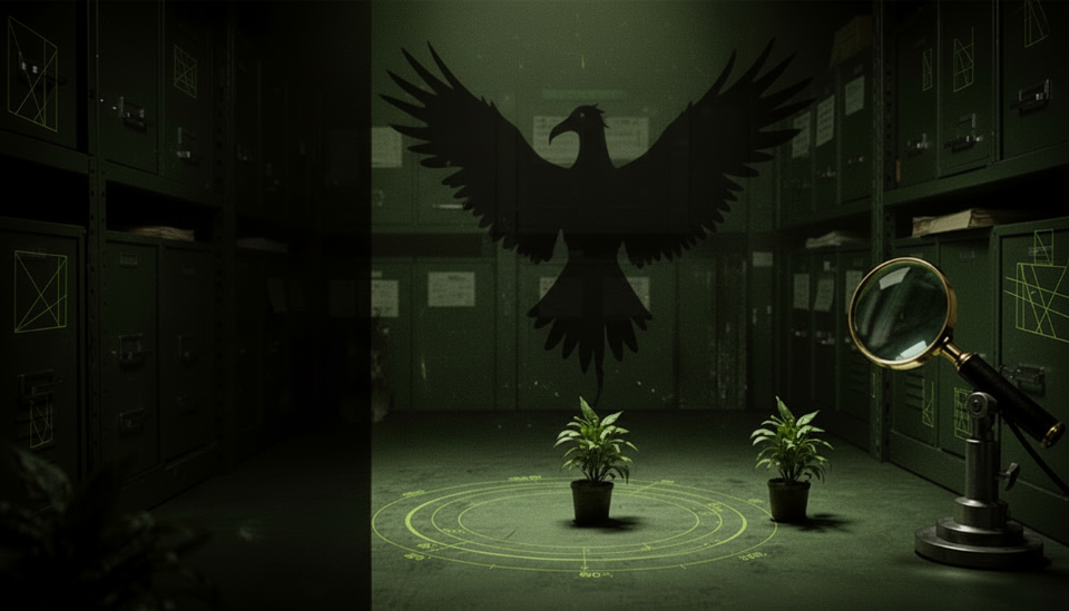 A theatrical bird-shaped shadow projected by a tiny houseplant in a fictional evidence room